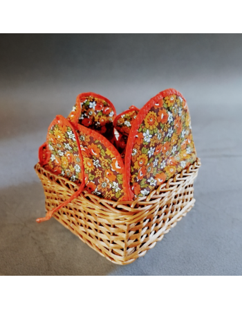 Panier à couture en osier et tissu fleurs tons orange