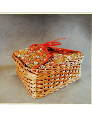 Panier à couture en osier et tissu fleurs tons orange