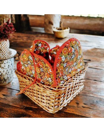 Panier à couture en osier et tissu fleurs tons orange