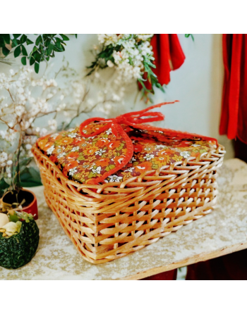 Panier à couture en osier et tissu fleurs tons orange