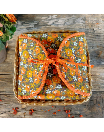 Panier à couture en osier et tissu fleurs tons orange