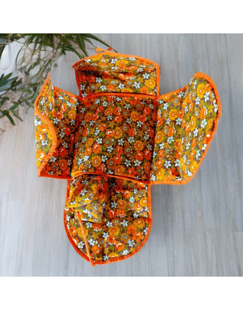 Panier à couture en osier et tissu fleurs tons orange