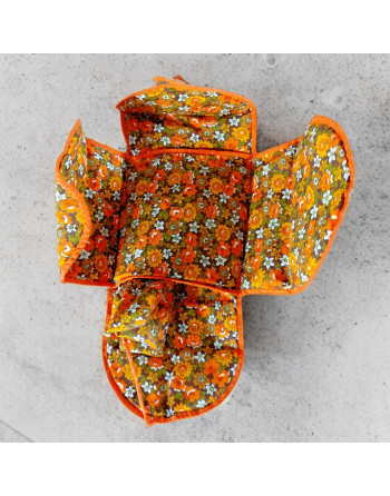 Panier à couture en osier et tissu fleurs tons orange