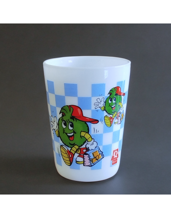 Verre Quick avec la mascotte Booly, fond damier bleu et blanc
