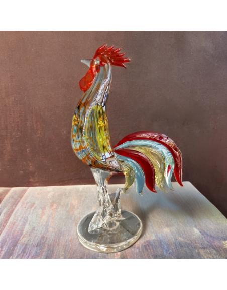Grand coq en verre soufflé, style Murano