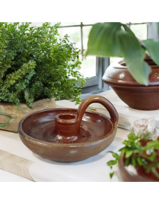 Bougeoir en grès brun signé Biron W