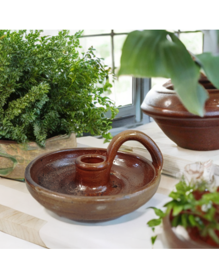 Bougeoir en grès brun signé Biron W