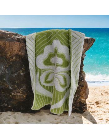 Serviette de bain verte et blanche, décor de fleurs stylisées - De Witte