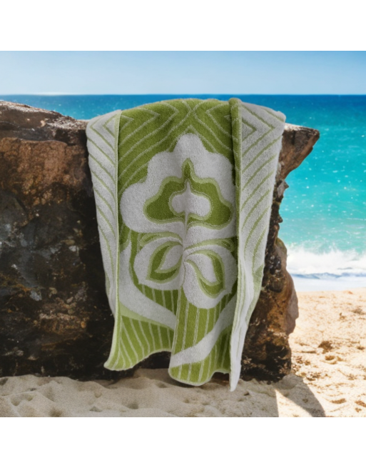 Serviette de bain verte et blanche, décor de fleurs stylisées - De Witte Serviette de bain verte et blanche, décor de fleurs stylisées - De Witte