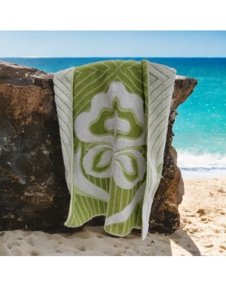 Serviette de bain verte et blanche, décor de fleurs stylisées - De Witte