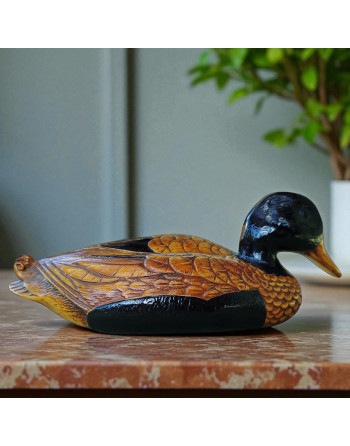 Grand canard en bois massif sculpté et peint à la main - années 70