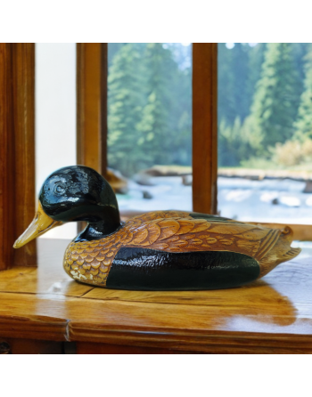 Grand canard en bois massif sculpté et peint à la main - années 70