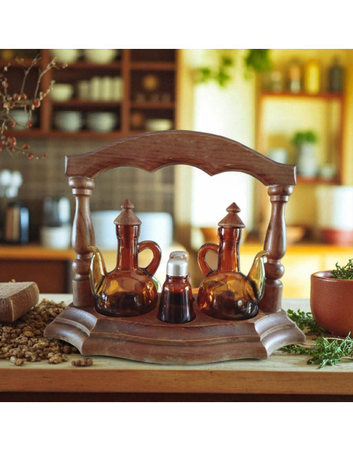 Serviteur de table en bois et verre fumé - Set huile, vinaigre, poivre et sel - Espagne - Années 60-70