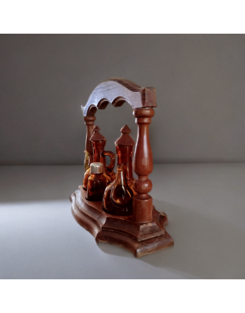 Serviteur de table en bois et verre fumé - Set huile, vinaigre, poivre et sel - Espagne - Années 60-70