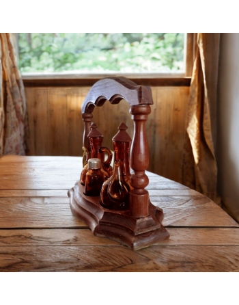 Serviteur de table en bois et verre fumé - Set huile, vinaigre, poivre et sel - Espagne - Années 60-70