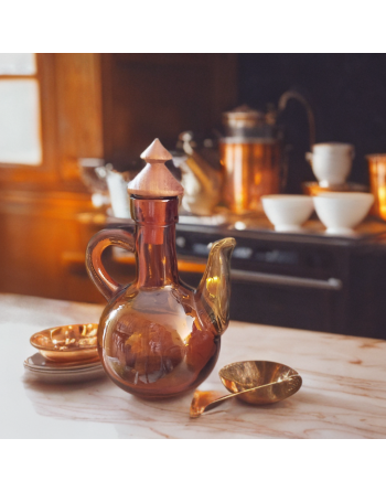 Serviteur de table en bois et verre fumé - Set huile, vinaigre, poivre et sel - Espagne - Années 60-70