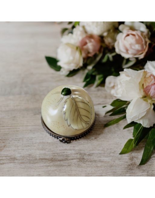 Petite boîte à pilules en porcelaine en forme de citron vert, bordure en laiton