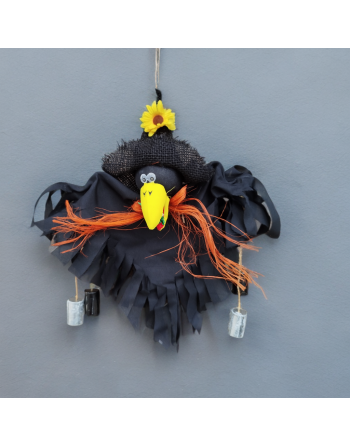 Corbeau d'automne avec tournesol et paille orange - Suspension avec carillons