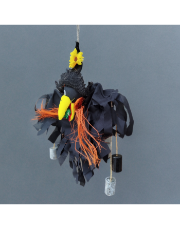 Corbeau d'automne avec tournesol et paille orange - Suspension avec carillons