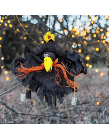 Corbeau d'automne avec tournesol et paille orange - Suspension avec carillons