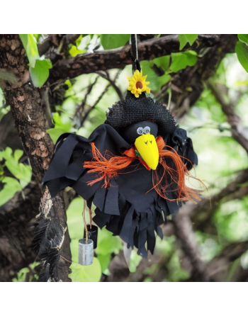 Corbeau d'automne avec tournesol et paille orange - Suspension avec carillons