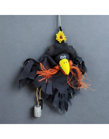 Corbeau d'automne avec tournesol et paille orange - Suspension avec carillons