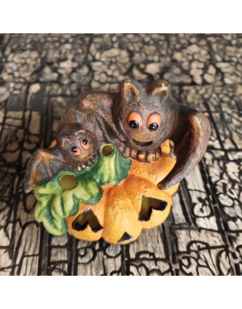 Photophore en terre cuite citrouille Jack O'Lantern avec 2 chauve-souris