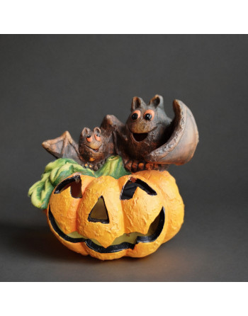 Photophore en terre cuite citrouille Jack O'Lantern avec 2 chauve-souris