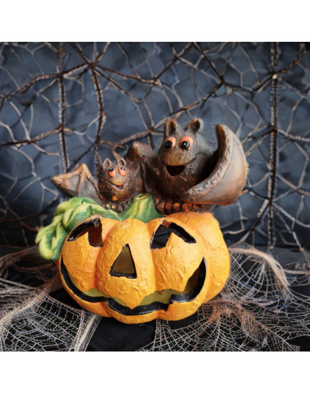 Photophore en terre cuite citrouille Jack O'Lantern avec 2 chauve-souris