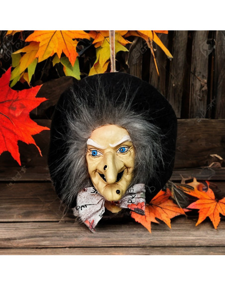 Tête de sorcière à suspendre en céramique peinte à la main et chapeau en feutrine