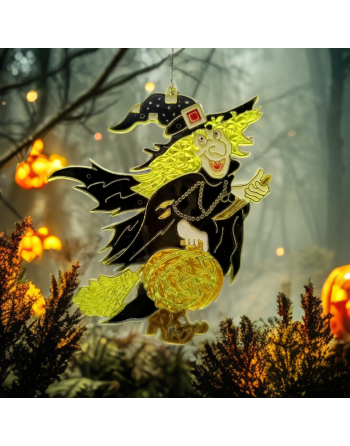 3 vitraux vintage Halloween – Sorcière, chat noir et citrouille Jack O’Lantern