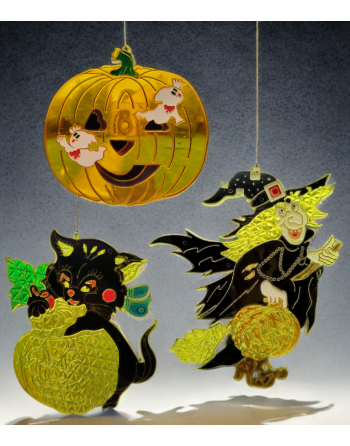 3 vitraux vintage Halloween – Sorcière, chat noir et citrouille Jack O’Lantern