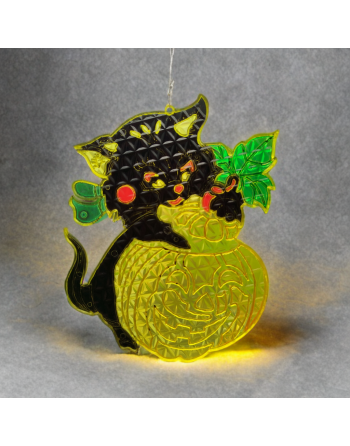 3 vitraux vintage Halloween – Sorcière, chat noir et citrouille Jack O’Lantern