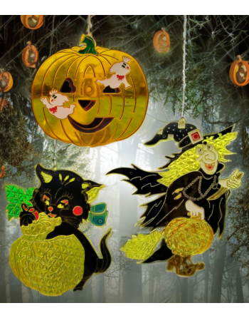 3 vitraux vintage Halloween – Sorcière, chat noir et citrouille Jack O’Lantern