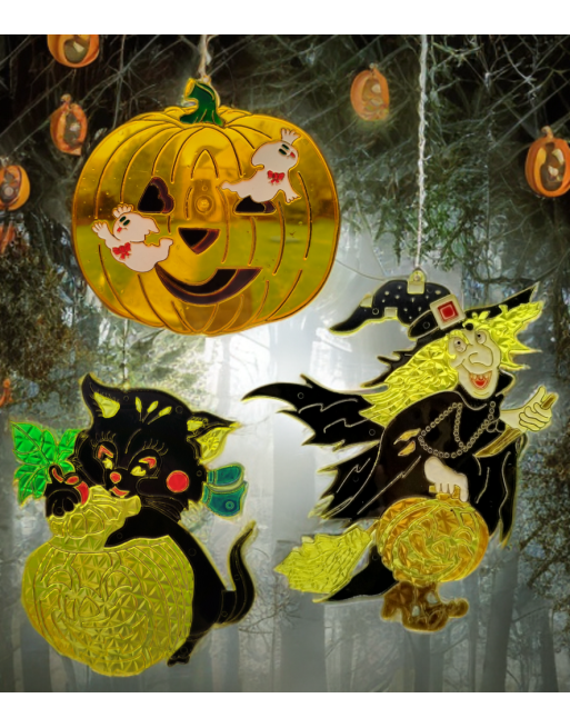 3 vitraux vintage Halloween – Sorcière, chat noir et citrouille Jack O’Lantern