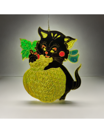 3 vitraux vintage Halloween – Sorcière, chat noir et citrouille Jack O’Lantern