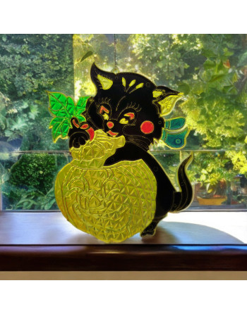 3 vitraux vintage Halloween – Sorcière, chat noir et citrouille Jack O’Lantern