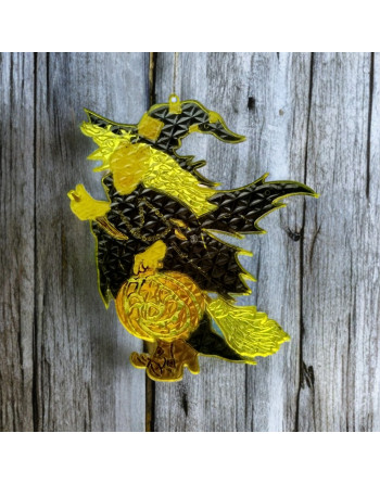 3 vitraux vintage Halloween – Sorcière, chat noir et citrouille Jack O’Lantern