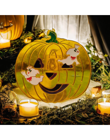 3 vitraux vintage Halloween – Sorcière, chat noir et citrouille Jack O’Lantern