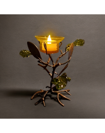Bougeoir arbre aux couleurs d'automne en métal et verre coloré