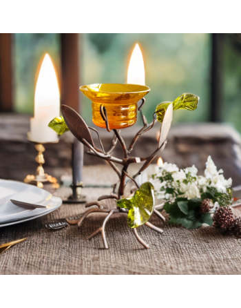 Bougeoir arbre aux couleurs d'automne en métal et verre coloré