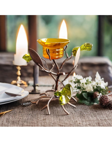 Bougeoir arbre aux couleurs d'automne en métal et verre coloré
