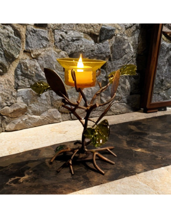 Bougeoir arbre aux couleurs d'automne en métal et verre coloré