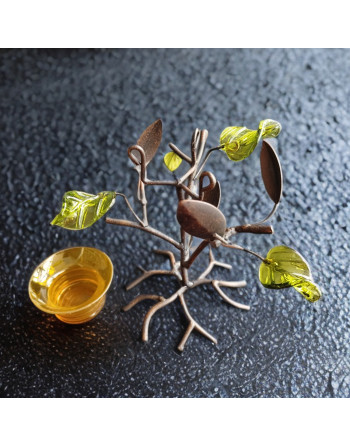 Bougeoir arbre aux couleurs d'automne en métal et verre coloré