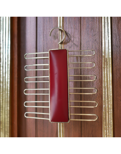 Cintre pour cravates en métal doré et cuir bordeaux