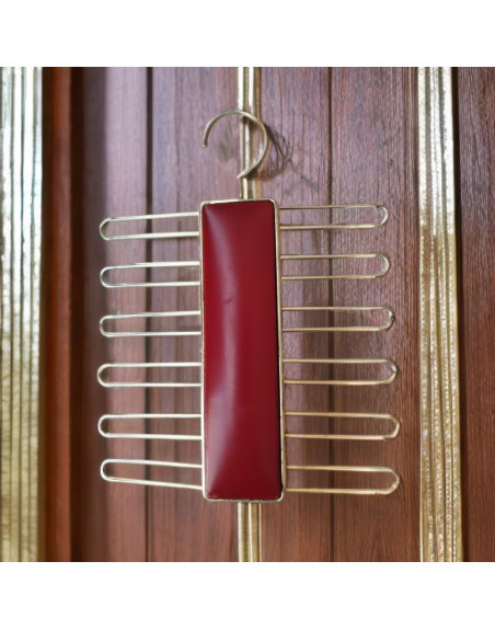 Cintre pour cravates en métal doré et cuir bordeaux